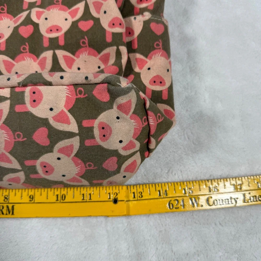 Bungalow 360 Canvas Tote Bag Pig Hearts Pattern Green‎ Pink Top Handle